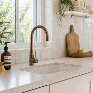 Modern kitchen with a sink, faucet, and window view