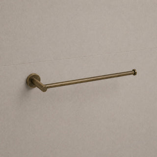 Reno antique brass hand towel holder on white background full view
