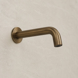 Reno antique brass wall spout tap on white background full view