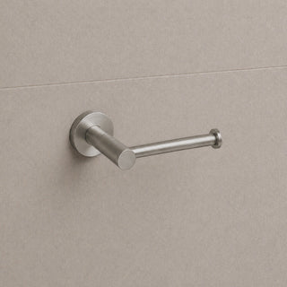 Reno brushed nickel toilet roll holder on white background full view