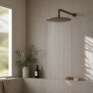 Reno antique brass rainfall shower head in lifestyle bathroom setting