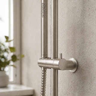 close up of a nickel shower head and handheld shower on a tiled wall