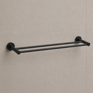 Black towel rack on a beige tiled wall