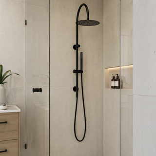 Modern shower setup with black gooseneck shower head and control panel in a tiled shower area.