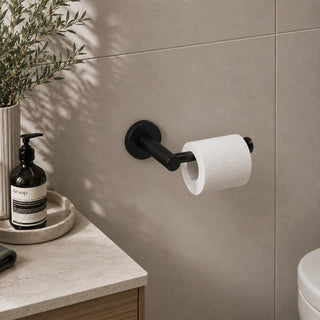 matt black toilet roll holder in a modern bathroom with a timber vanity