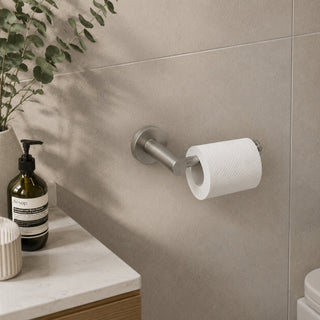 brushed nickel toilet roll holder in a modern bathroom with a timber vanity