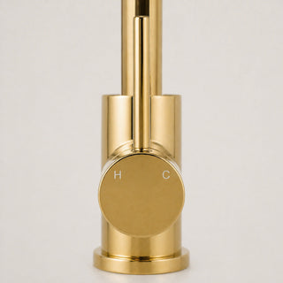 Reno polished gold kitchen mixer tap close-up showing spout and handle detail