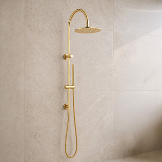 Gold shower head and hose mounted on a tiled wall
